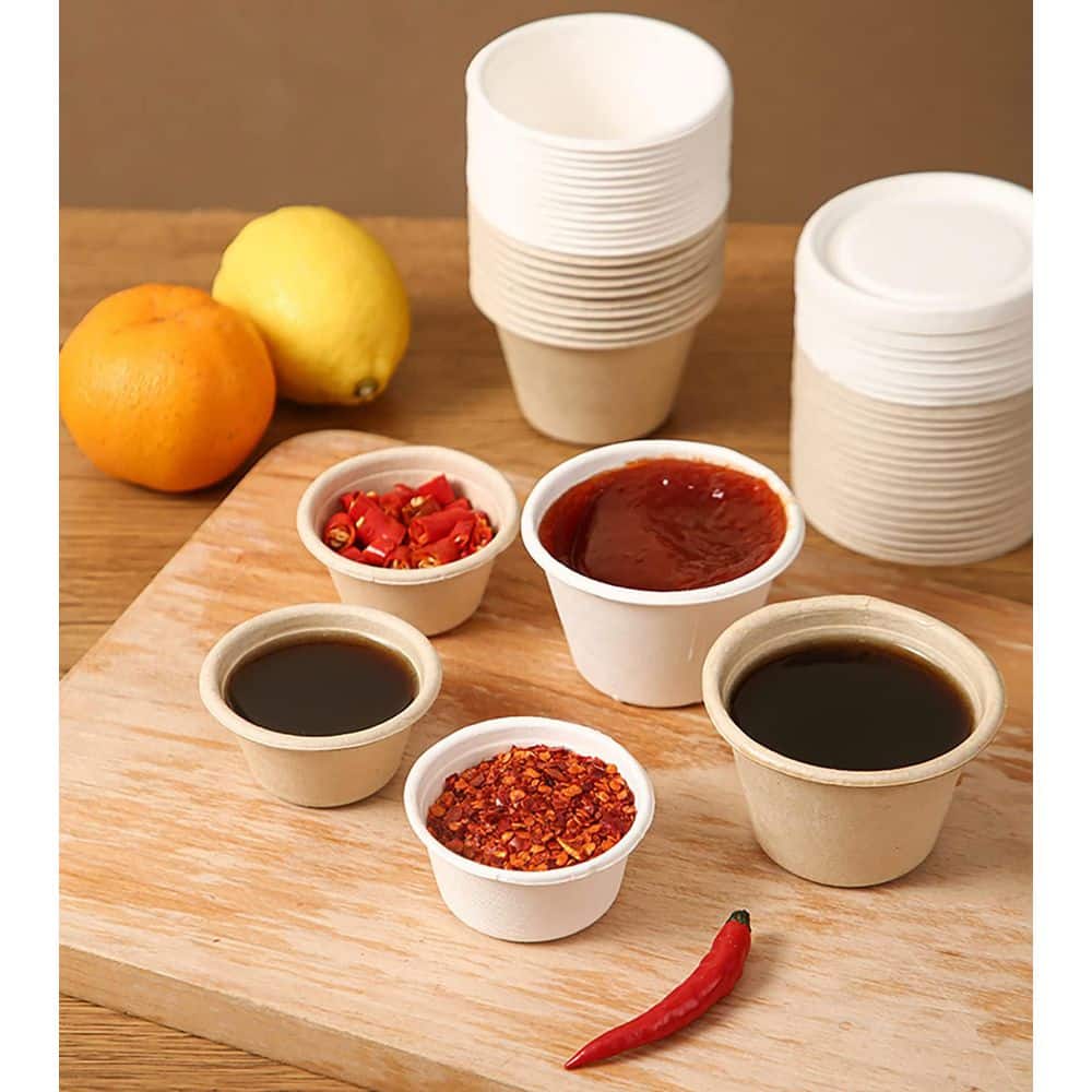 200-Pack 2 oz. Compostable Natural Bagasse Fiber Paper Portion Cups with Lids Disposable Sauce Food Storage price history on PriceWatchPro