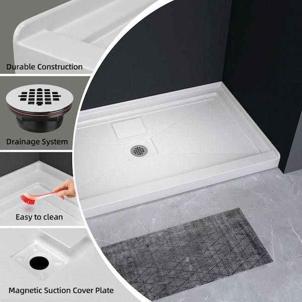 Nip 60 in. L x 32 in. W Single Threshold Alcove Shower Pan Base w/Center Drain and Cover in White Acrylic Non-Slip Tray
