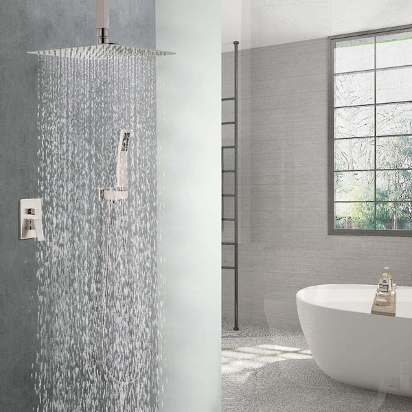 2-Spray Patterns with 16 in. Rainfall Shower Head Ceiling Mount Dual Shower Heads with Hand Shower in Brushed Nickel
