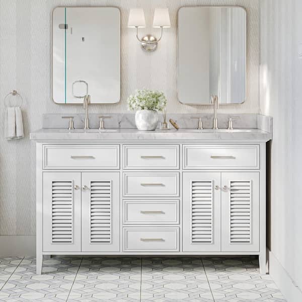 ARIEL Kensington 61 in. W x 22 in. D x 36 in. H Freestanding Bath Vanity in White with White Marble Top
