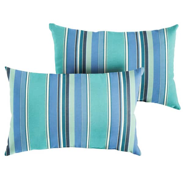 SORRA HOME Sunbrella Blue Teal Stripe Rectangular Outdoor Knife Edge Lumbar Pillows (2-Pack)
