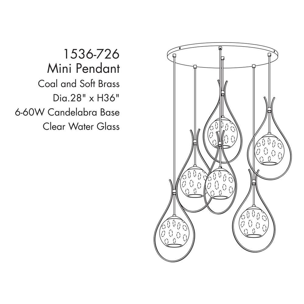 Cody Coal & Soft Brass 6-Light Globe Pendant with Clear Water Glass