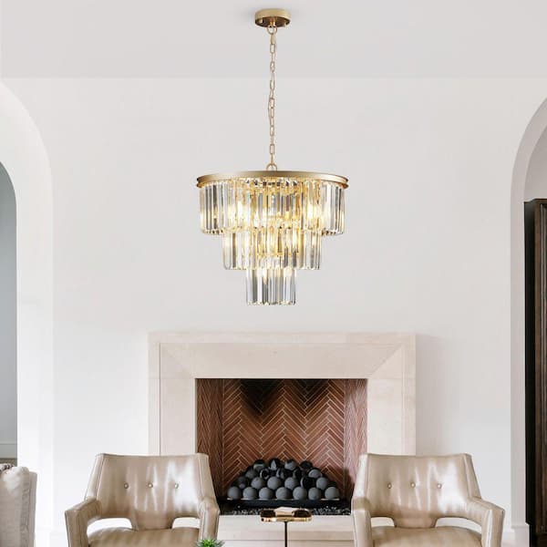 GMGSROM 20 in. 7-Light Modern Gold 3-Tier Round Crystal Fringe