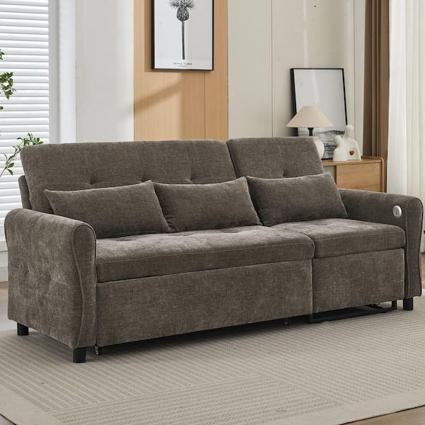 Luxury Collection 2-in-1 82 in. Flared Arm Chenille Modern Rectangle Recling Sofa in Dark Grey with USB Ports