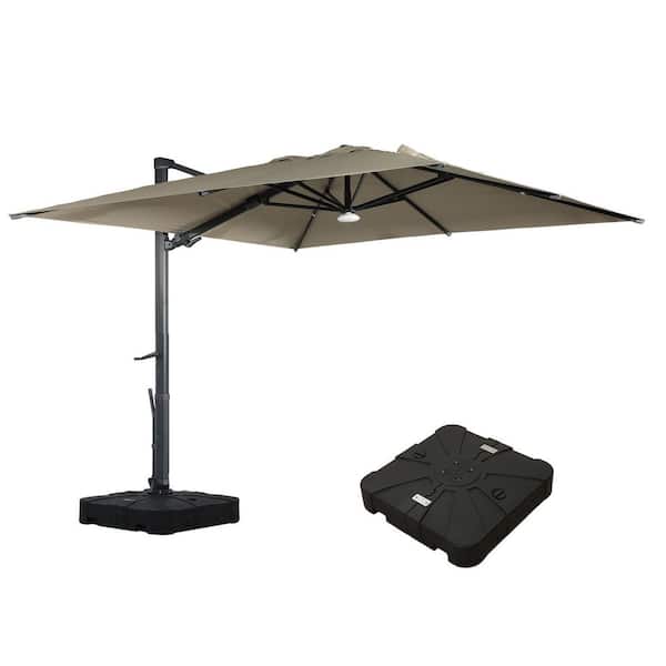 Mondawe 10 ft. Square Aluminum Cantilever Outdoor Tilt Patio Umbrella in Taupe with Bluetooth LED Light Base Weight Stand