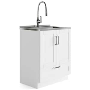 Reed Transitional 28 in. Deluxe Laundry Cabinet with Pull-out Faucet and Stainless Steel Sink in Pure White