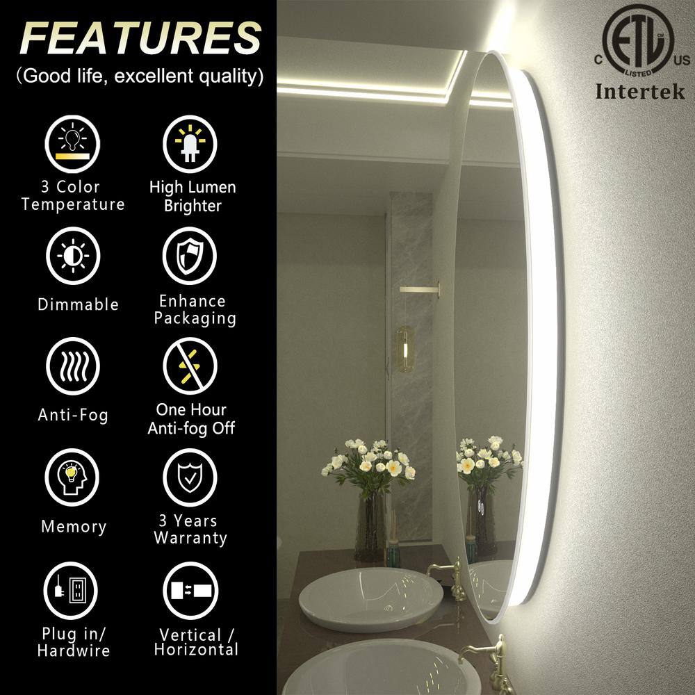 28x20 Inch Frameless Oval LED Backlit Anti-Fog Vanity Mirror