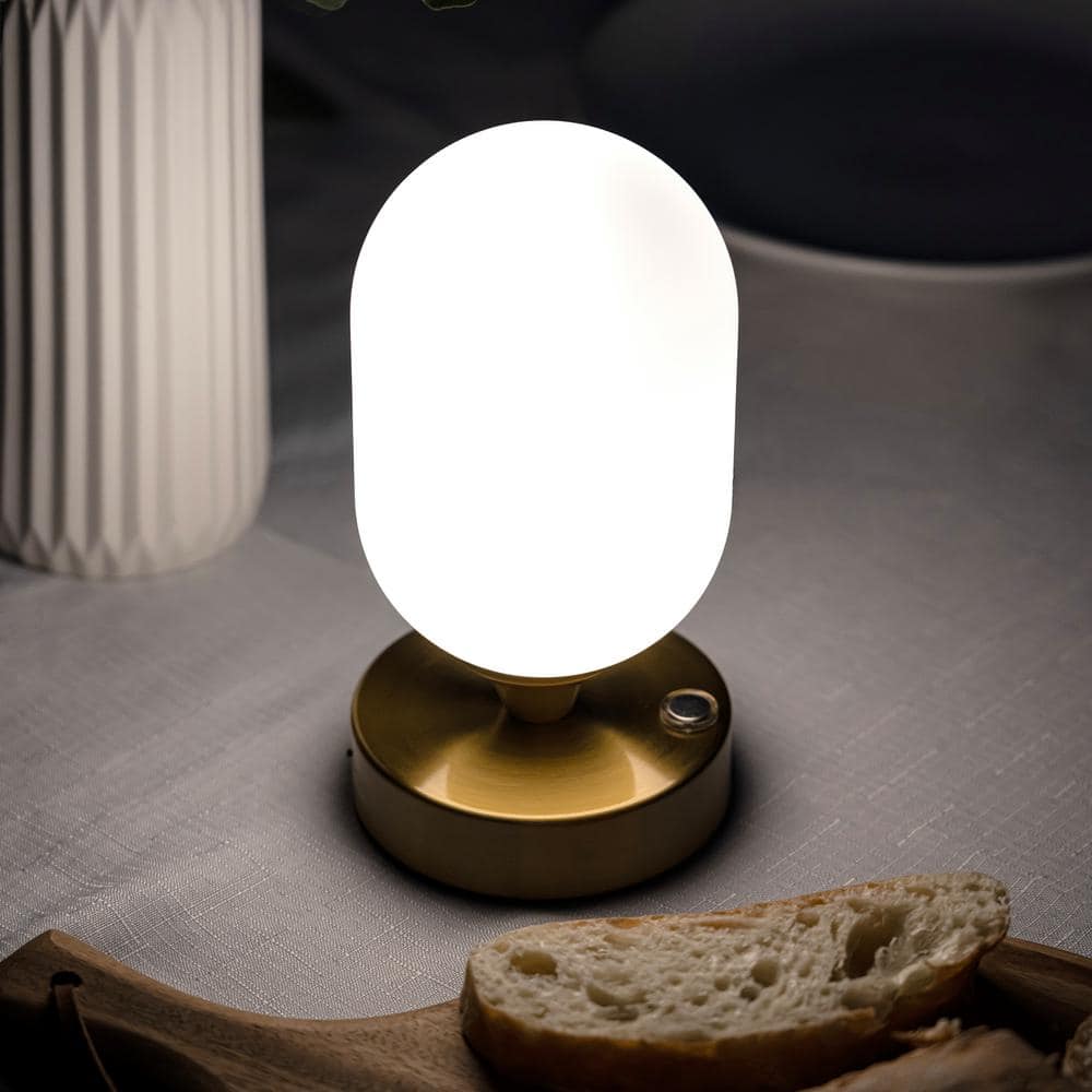 Eli 8" Brass Gold Cordless LED Table Lamp with Frosted Shade