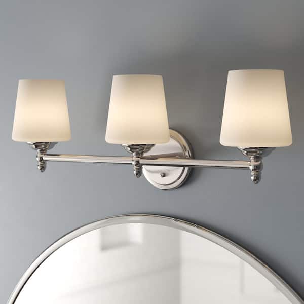 Darcy 25 in. 3-Light Brushed Nickel Transitional Vanity Light with White Opal Glass Shades