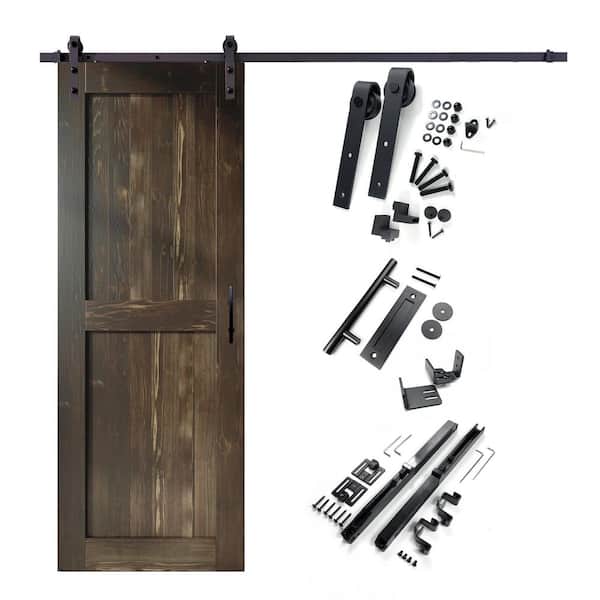 HOMACER 38 in. x 84 in. H-Frame Ebony Solid Pine Wood Interior Sliding Barn Door with Hardware Kit Non-Bypass