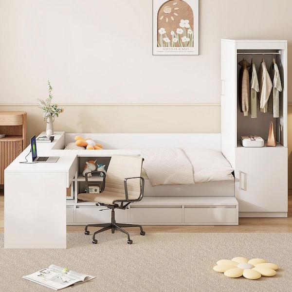 White Wood Frame Full Size Platform Bed with 6 Drawers