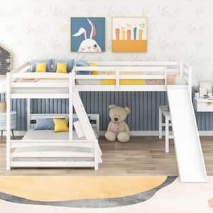 White Twin Over Full L-Shaped Triple Bunk Beds with Slide and Desk, 3 Kids Wood Bunk Bed Frame with 2 Ladders