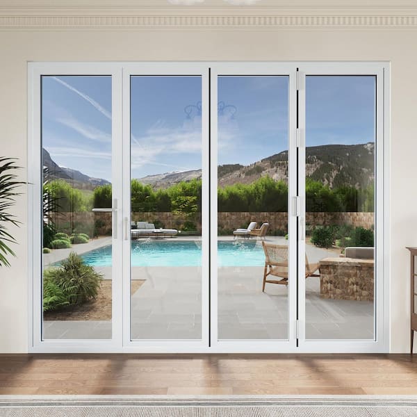120 in. x 96 in. Left Center Opening/Outswing Double Tempered Glass White Aluminum Folding Patio Door