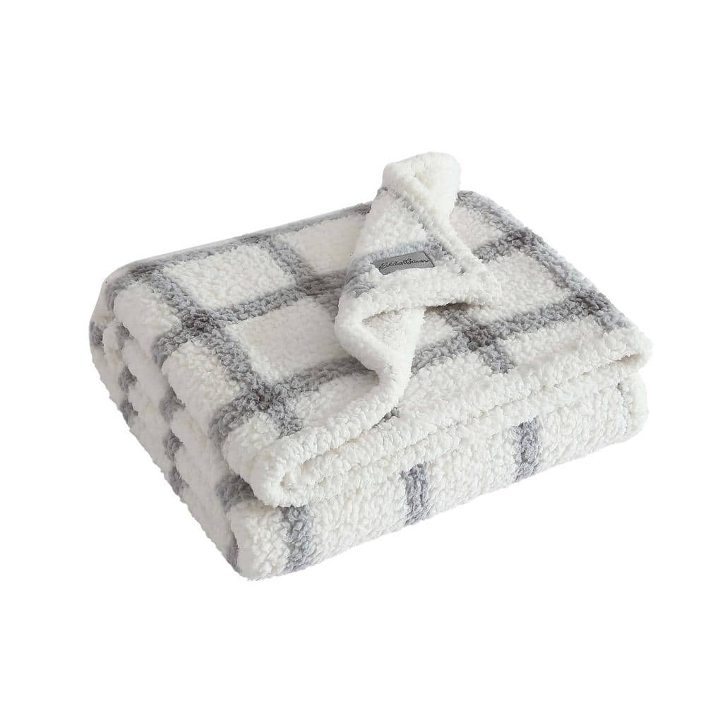 Gray and White Plaid Reversible Sherpa Throw Blanket