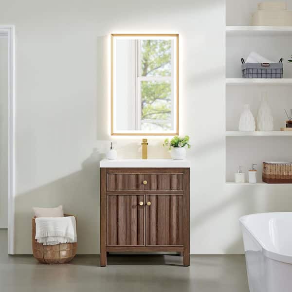 Altair Cerrito 30 in. Single Freestanding Brown Brushed Oak Bath Vanity with White Artificial Stone Top Assembled, Mirror