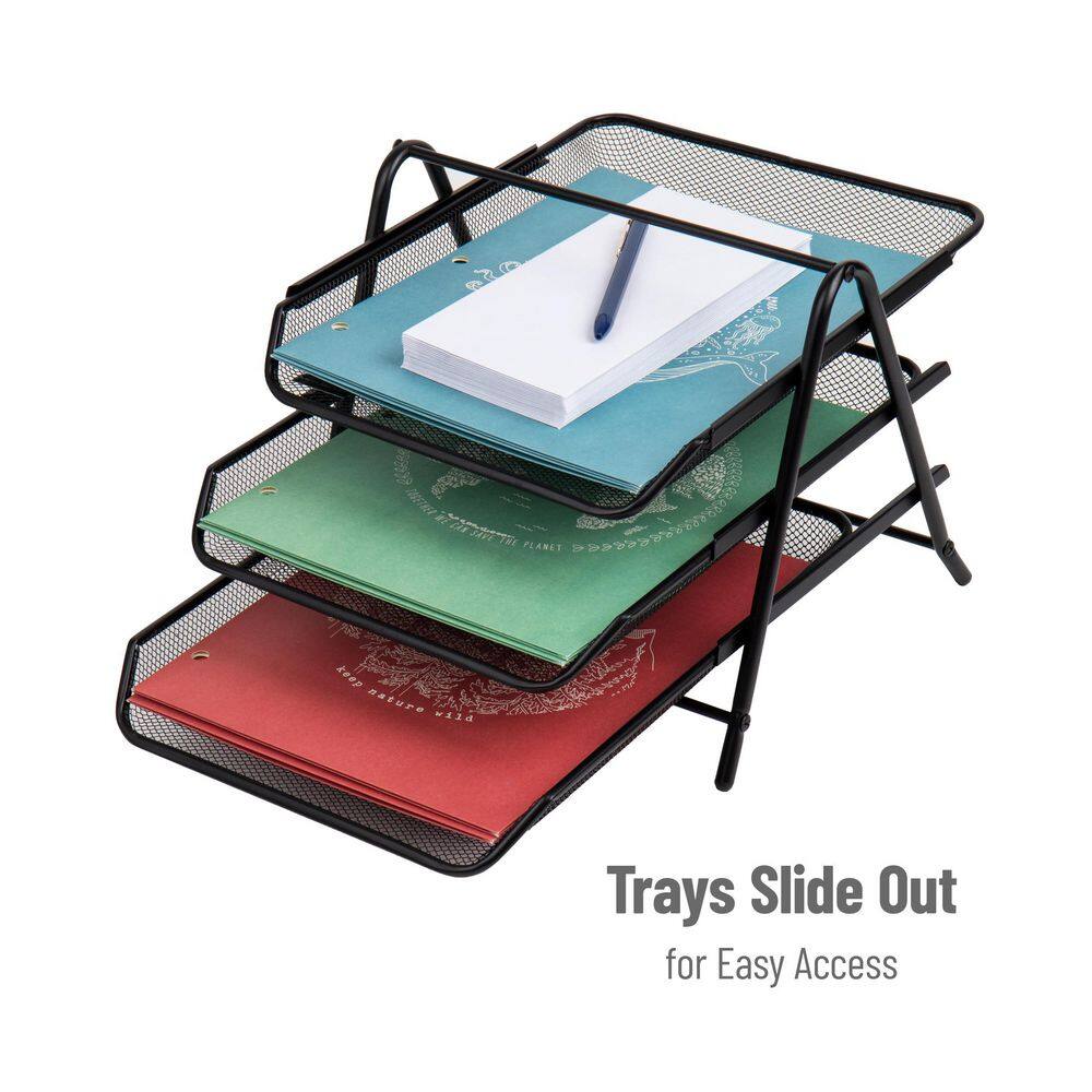 Black Metal Mesh 3-Tier Letter Tray Organizer, Set of 2