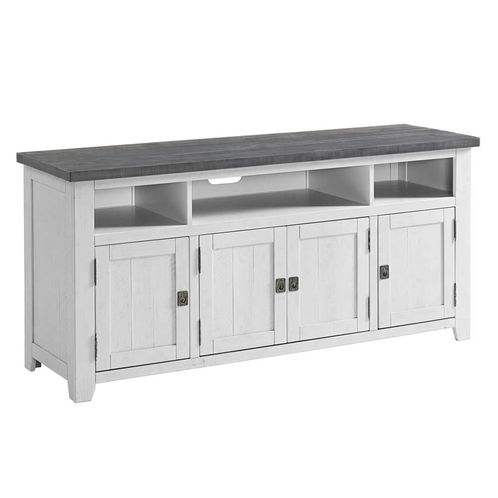 Rustic Farmhouse 65" Solid Pine TV Stand with Cabinet, White Stain and Grey