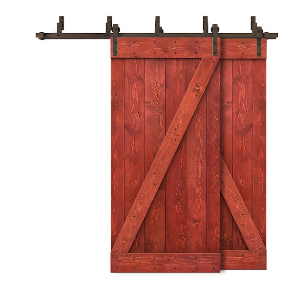 CALHOME 84 in. x 84 in. Z Bar Bypass Cherry Red Stained Solid Pine Wood Interior Double Sliding Barn Door with Hardware Kit