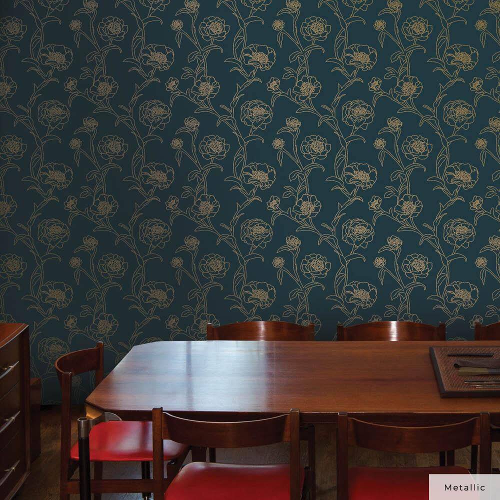 Peacock Blue and Gold Floral Peel and Stick Wallpaper