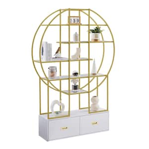 39.3 in. W x 11.8 in. D x 70.8 in. H Gold Round Linen Cabinet with 5-Shelf Display Bookcase and 2 Drawers