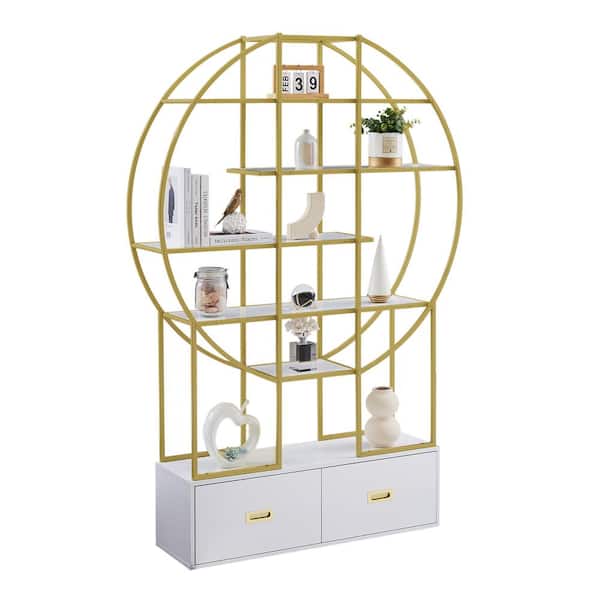 Unbranded 39.3 in. W x 11.8 in. D x 70.8 in. H Gold Round Linen Cabinet with 5-Shelf Display Bookcase and 2 Drawers