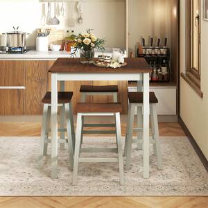 5-Pieces Walnut Wood Top Table Set Dining Table Set with 4 Saddle Stools Acacia Wood Legs Modern Furniture Set