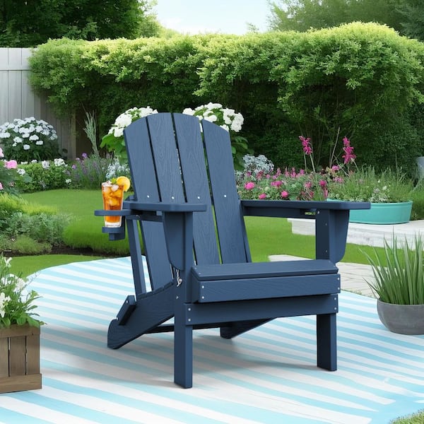 Classic Navy Blue Folding Plastic Adirondack Chairs with 2-Cup Holders-Weather Resistant Patio Outdoor Chair (Set of 1)