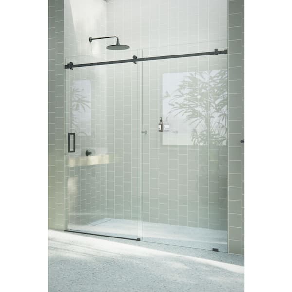 72 in. W x 78 in. H Sliding Frameless Shower Door with Square Hardware in Matte Black finish