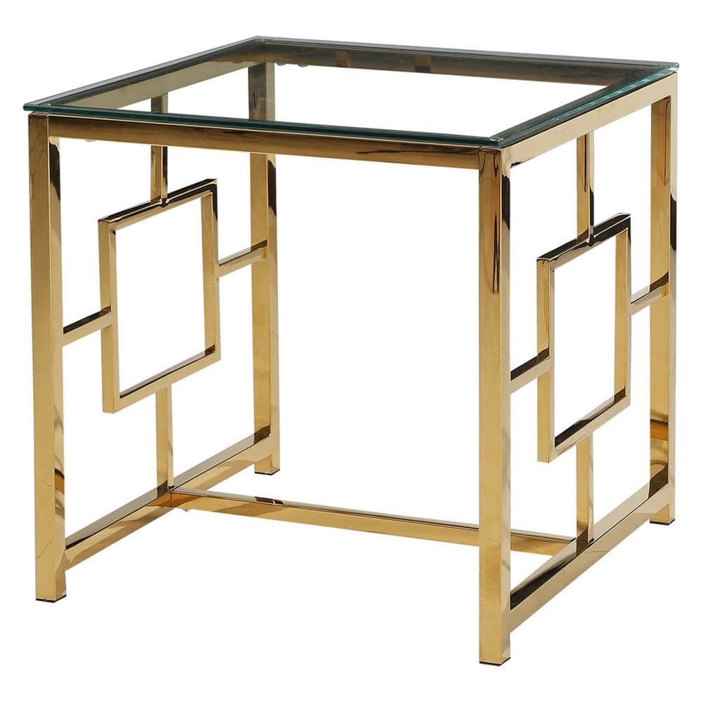 Contemporary Chrome Square Glass Top End Table with Gold Base