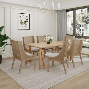 Sorenza 7-Piece Dining Set with Cushioned Seats, Cane Rattan Webbing, Wood top, Natural Plus Beige