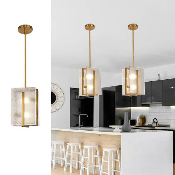 Unbranded 7.2 in. 2-Light Gold Modern Frosted Glass Farmhouse Pendant Light for Entryway Dining Table Living Room