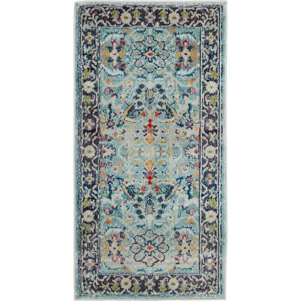 Nourison Global Vintage Teal doormat 2 ft. x 4 ft. Center Medallion Traditional Kitchen Area Rug
