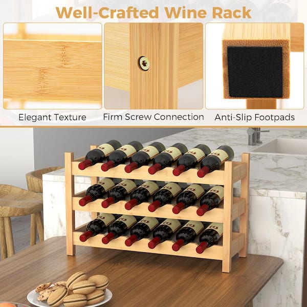 Kitchen Storage 3-Tier Bamboo 18-Bottle Tabletop Wine Wine Rack