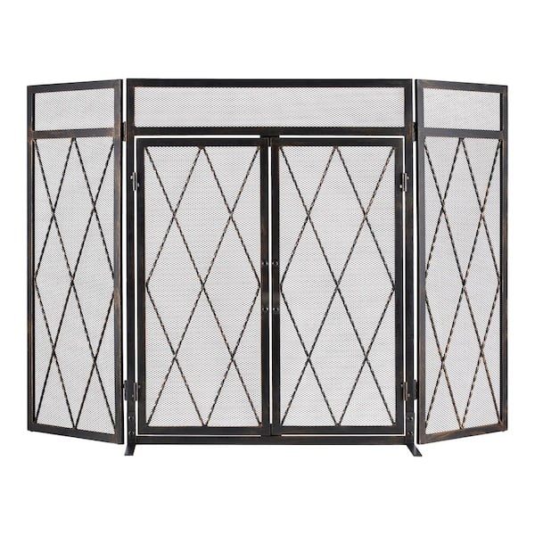 PRIVATE BRAND UNBRANDED 50 in. Black Steel Kempston Park 3-Panel Fireplace Screen with Doors