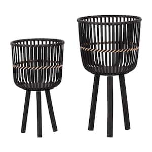Black Bamboo Round Outdoor Planters on Bamboo Stand 2- Pack