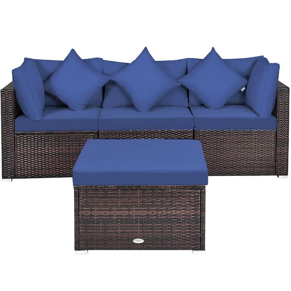 Gymax 4-Pieces Rattan Patio Conversation Furniture Set Yard Outdoor with Navy Cushion