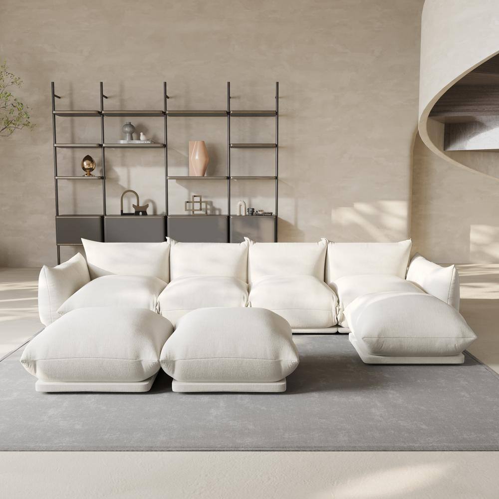 Modern 131 in. Flared Arm 7-Piece Chenille 4 Seater Modular Convertible Couch Sectional Sofa with 3 Ottomans in. Beige