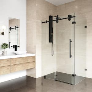 Winslow 34 in. L x 46 in. W x 74 in. H Frameless Sliding Rectangle Shower Enclosure in Matte Black with Clear Glass