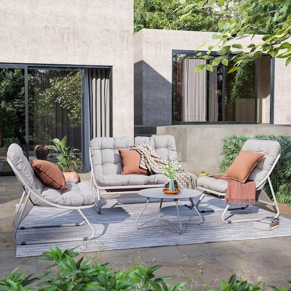 UPLAND 4-Piece Metal Outdoor Patio Conversation Set with Champagne Cushion, with Coffee Table for Backyard, Garden