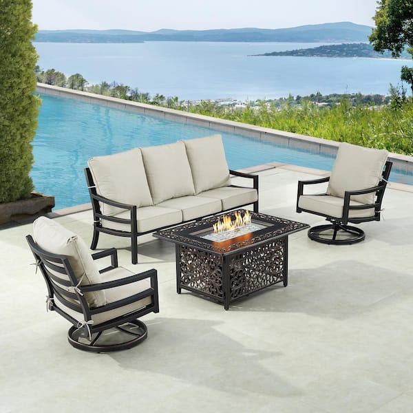Oakland Living Black 5-Piece Aluminum Patio Fire Pit with Deep Seating Sofa and 2-Club Chairs Light Grey Cushions