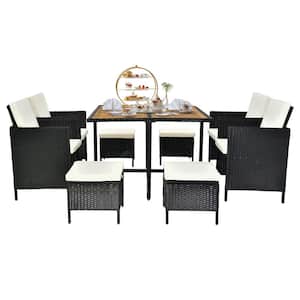 Black 9-Piece Acacia Wood Wicker Outdoor Dining Set with Beige Cushion