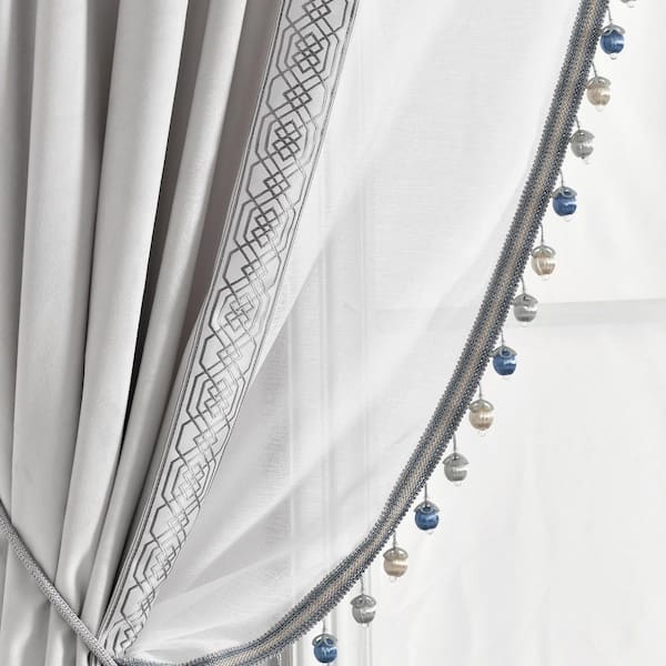 Luxury Vintage 42 in. W x 84 in. L Velvet and Sheer With Border Pompom Trim  Window Curtain Panel in Light Gray Single