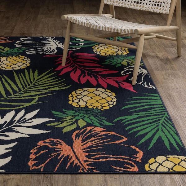 Hibiscus Navy/Multi 8 ft. x 10 ft. Lush Botanical Floral Polypropylene Indoor/Outdoor Area Rug