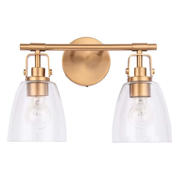 Parrot Uncle Brilliance 14.6 in. Modern Farmhouse 2-Light Vanity Light Gold Wall Sconce with Clear Glass