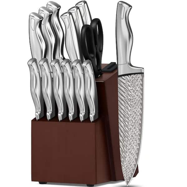 15-Piece Kitchen Knife Block Set with Built-In Sharpener, German Stainless Steel Dishwasher Safe Kitchen Cutlery Set