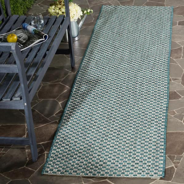 Courtyard Turquoise/Light Gray 2 ft. x 22 ft. Distressed Solid Color Indoor/Outdoor Runner Rug