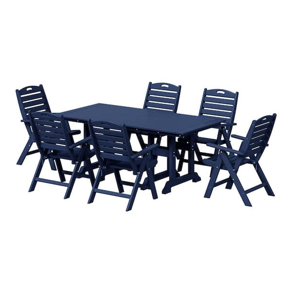 Laguna Outdoor All Weather HDPE Plastic 7-Piece Highback Folding Chairs, Rectangle Table Patio Dining Set, Navy Blue