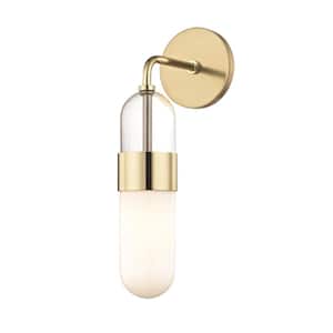 Emilia 1-Light Polished Brass LED Wall Sconce with Clear Glass Top Opal Glass Bottom