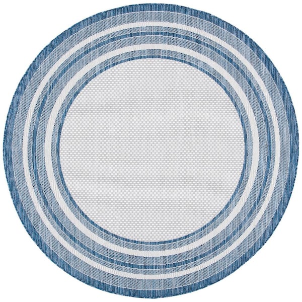 Courtyard Ivory/Navy 8 ft. x 8 ft. Solid Color Striped Indoor/Outdoor Round Area Rug