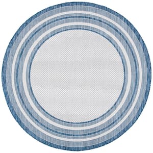 Courtyard Ivory/Navy 9 ft. x 9 ft. Round Solid Color Striped Indoor/Outdoor Area Rug